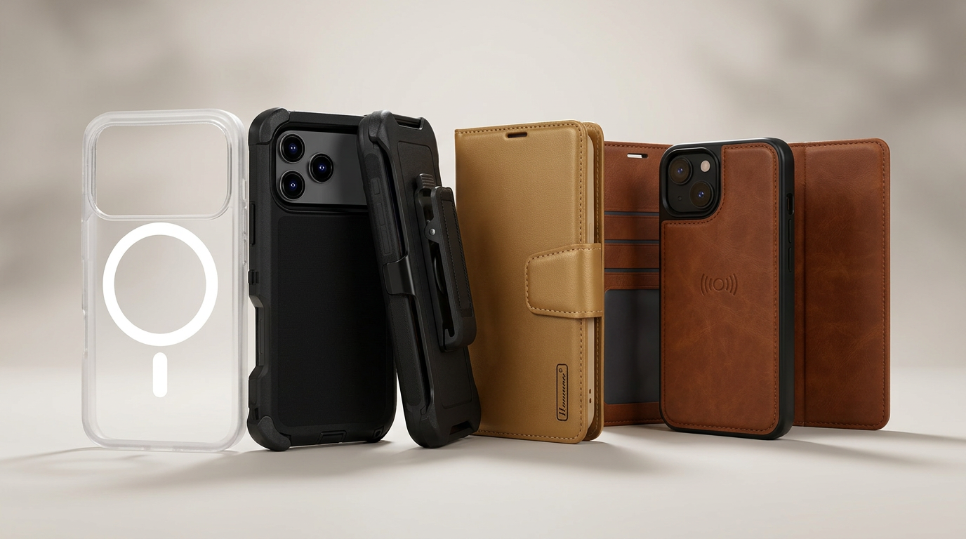 The four Case Core Range styles: clear MagSafe, tough case, wallet case and detachable wallet case