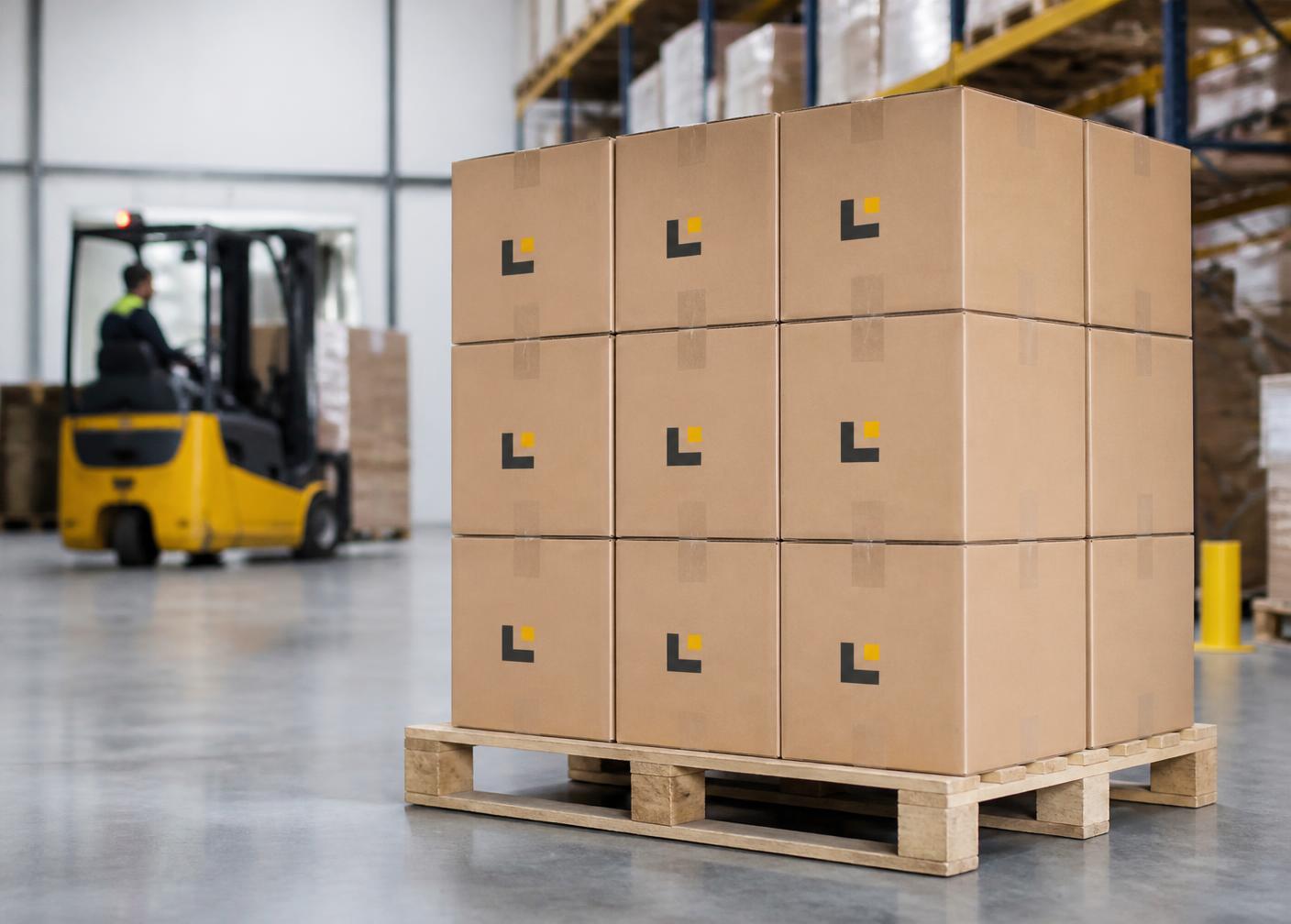 Branded shipping cartons stacked on a pallet
