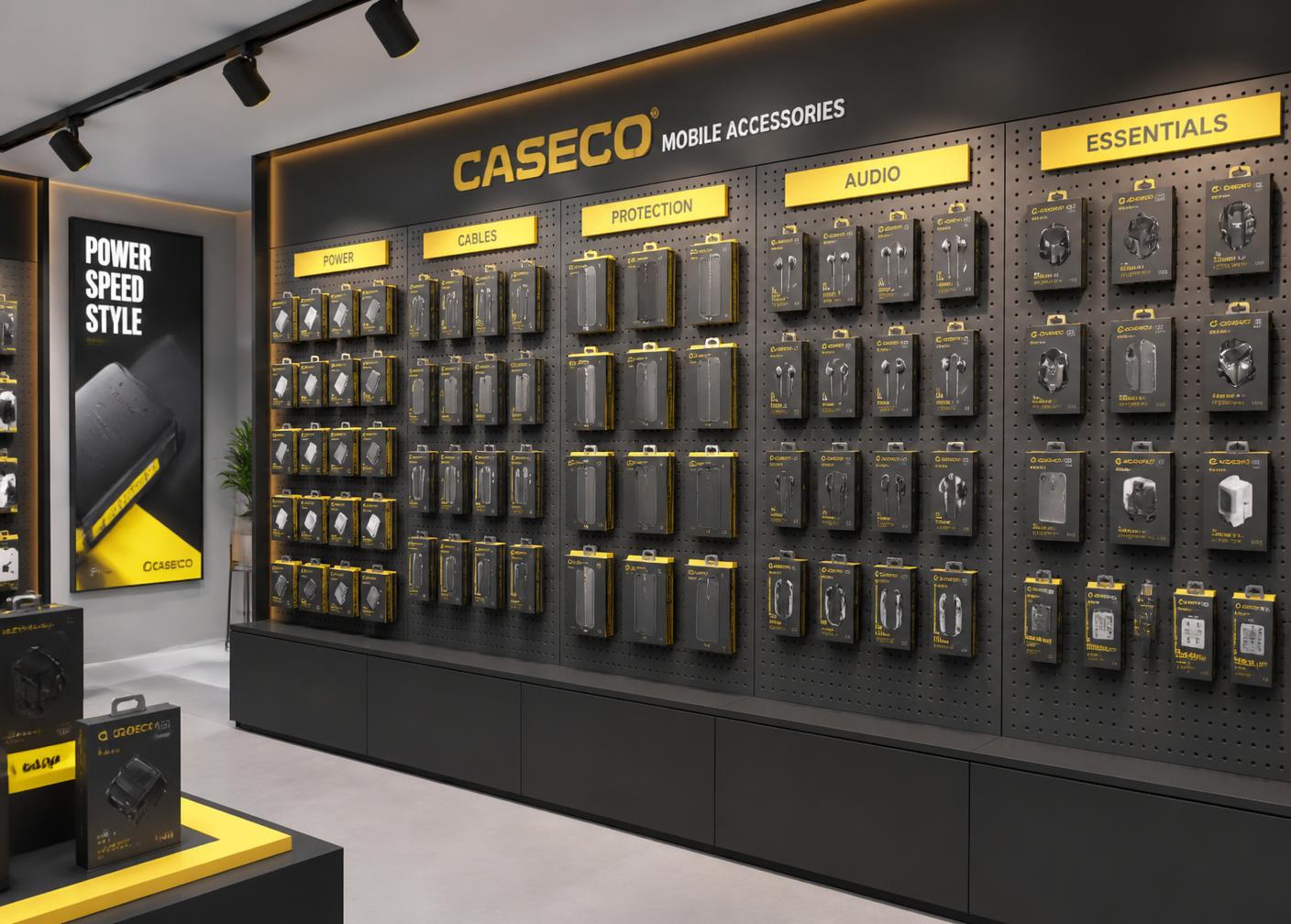 Retail shelf displaying a complete branded accessory range